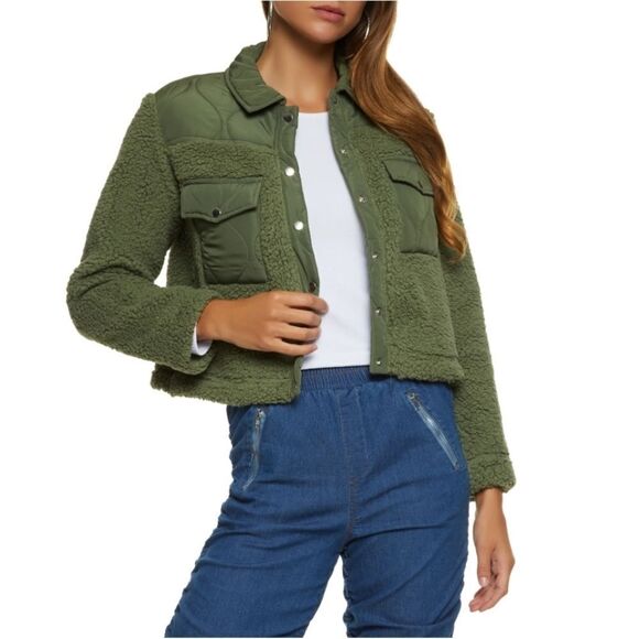 Green Cropped Sherpa Jacket Size XL NWT - Picture 1 of 4